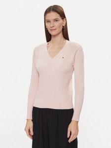 Tommy Hilfiger Sweter Co Cable V-Nk Sweater WW0WW40674 Różowy Regular Fit. Czerwone swetry klasyczne TOMMY HILFIGER, l, z bawełny, bez kołnierzyka. Za 539,99 zł.