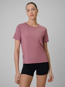 4F Koszulka treningowa loose szybkoschnąca damska - beżowa XL. Brązowe bluzki 4f, xl, bez wzorów, bez kołnierzyka, bez ramiączek. Za 79,99 zł.