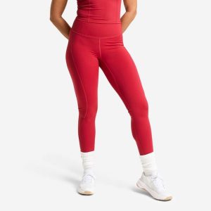 Legginsy fitness damskie Domyos wysoki stan. Czerwone legginsy DOMYOS, bez wzorów, z elastanu, z podwyższonym stanem. Za 119,99 zł.