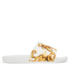 Klapki Versace Jeans Couture. Białe klapki Versace Jeans Couture, bez wzorów, z jeansu, bez obcasa. Za 359,99 zł.