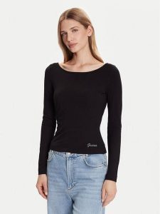 Guess Bluzka W5BP46 KCYV2 Czarny Slim Fit. Czarne bluzki Guess, xxl, z aplikacjami, z wiskozy, bez kołnierzyka, bez ramiączek. Za 179,99 zł.