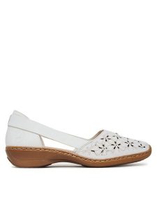 Rieker Półbuty 41356-80 Biały. Białe półbuty Rieker, bez wzorów, ze skóry, bez obcasa, na płaskiej podeszwie, bez zapięcia. Za 179,99 zł.