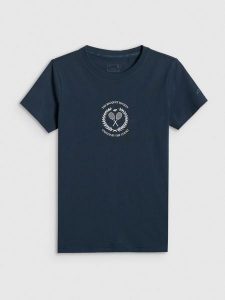 4F T-shirt slim z nadrukiem damski - granatowy XL. Niebieskie t-shirty 4f, uniwersalny, bez wzorów, z bawełny, bez kołnierzyka, bez ramiączek. Za 59,99 zł.