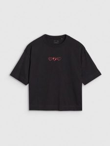 4F T-shirt oversize z nadrukiem damski - czarny M. Czarne t-shirty 4f, m, bez wzorów, z bawełny, bez kołnierzyka, bez ramiączek. W wyprzedaży za 29,99 zł.