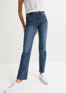 Jeansy ze stretchem straight, średni stan. Niebieskie jeansy bonprix, bez wzorów, z jeansu. Za 124,99 zł.