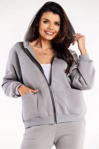 Luźna bluza z kapturem rozpinana z kieszeniami szara. Szare bluzy Infinite You, l, bez wzorów, z bawełny, z kapturem. Za 259,00 zł.