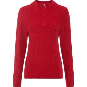 Sweter ze stójką we wzór w warkocze. Czerwone swetry klasyczne bonprix, bez kołnierzyka. Za 99,99 zł.