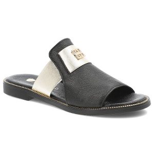 Czarne Klapki Armodo Eleganckie Obuwie Damskie. Czarne klapki Armodo, bez wzorów, ze skóry, bez obcasa, na płaskiej podeszwie. Za 289,00 zł.