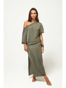 Beliza Sukienka "Julia" w kolorze khaki rozmiar: L. Brązowe sukienki Beliza, l, bez wzorów, bez kołnierzyka, bez ramiączek, maxi. Za 272,95 zł.