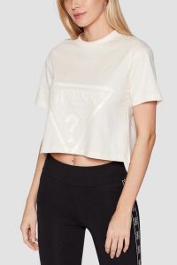 GUESS Kremowy bawełniany t-shirt damski Adele Crop, Rozmiar S. Brązowe t-shirty Guess, s, z aplikacjami, z bawełny, bez kołnierzyka, bez ramiączek. Za 189,99 zł.