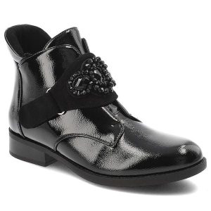 Czarne Botki S.Barski Eleganckie Obuwie Damskie Z Ozdobą. Czarne botki S.BARSKI, z aplikacjami, z lakierowanej skóry, bez obcasa, na obcasie, bez zapięcia. Za 169,99 zł.