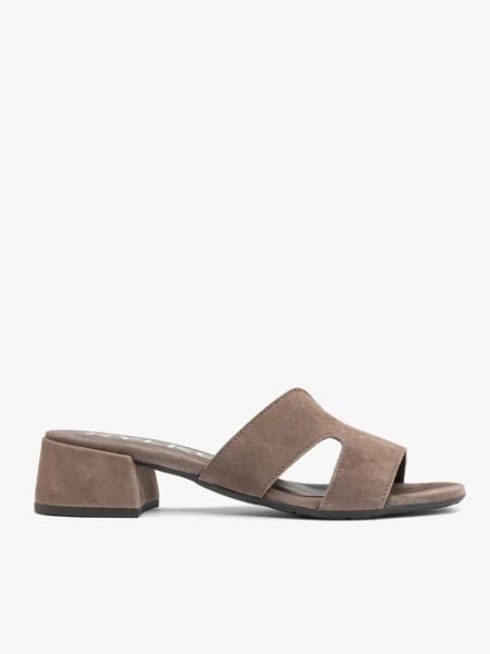 Ciemnobrązowe klapki na niewielkim obcasie. Szare klapki Ryłko, bez wzorów, ze skóry, z okrągłym noskiem, bez obcasa, na obcasie. Za 299,99 zł.