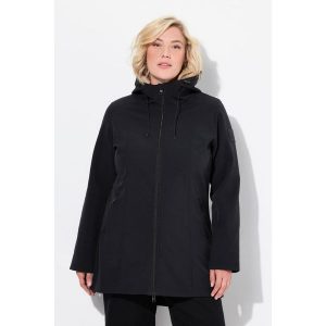 Damskie Długa kurtka softshell HYPRAR hydrofobowa trapezowy krój. Czarne kurtki Ulla Popken, plus size, bez wzorów, z elastanu, bez kaptura. Za 480,99 zł.