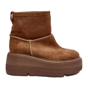 Skórzane Damskie Botki Na Masywnej Podeszwie Camel Zazoo 3424 brązowe. Brązowe botki bez wzorów, ze skóry, za kostkę, bez obcasa, bez zapięcia. Za 565,11 zł.