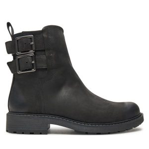 Botki Clarks. Czarne botki Clarks, bez wzorów, bez obcasa, na płaskiej podeszwie, bez zapięcia. Za 449,99 zł.