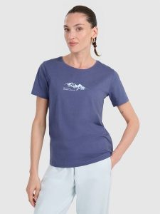 4F T-shirt regular z nadrukiem damski - granatowy S. Niebieskie t-shirty 4f, s, bez wzorów, z bawełny, bez kołnierzyka, bez ramiączek. Za 59,99 zł.