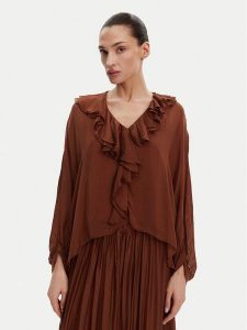 ViCOLO Bluzka TD0019 Brązowy Oversize. Brązowe bluzki ViCOLO, m, bez wzorów, z jedwabiu, bez kołnierzyka, bez ramiączek. Za 199,99 zł.