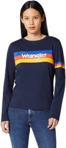 WRANGLER RAINBOW TEE DAMSKA KOSZULKA Z DŁUGIM RĘKAWEM LONGSLEEVE NAVY W7P9EV114 112132067. Niebieskie bluzki Wrangler, s, bez wzorów, bez kołnierzyka, bez ramiączek. Za 99,99 zł.