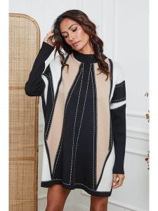 So Cachemire Sukienka dzianinowa "Jamjam" w kolorze jasnobrązowo-czarnym rozmiar: S. Brązowe sukienki So Cachemire, na co dzień, s, bez wzorów, z dzianiny, bez kołnierzyka, bez ramiączek, mini, proste. Za 222,41 zł.