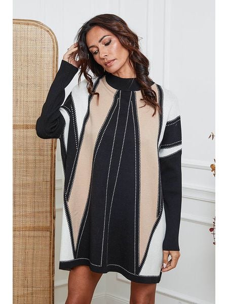 So Cachemire Sukienka dzianinowa "Jamjam" w kolorze jasnobrązowo-czarnym rozmiar: S. Brązowe sukienki So Cachemire, na co dzień, s, bez wzorów, z dzianiny, bez kołnierzyka, bez ramiączek, mini, proste. Za 196,24 zł.