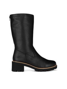 Remonte Kozaki D0A78-01 Czarny. Czarne kozaki Remonte, bez wzorów, ze skóry, bez obcasa, na słupku, bez zapięcia. Za 399,00 zł.