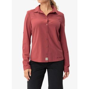 Koszula podróżnicza damska Vaude Rosemoor LS Shirt IV. Czerwone koszule Vaude, bez wzorów, bez kołnierzyka, bez ramiączek. Za 282,99 zł.