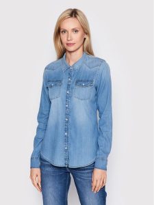 Guess Koszula W2GH75 D4NA1 Niebieski Slim Fit. Niebieskie koszule Guess, xs, z aplikacjami, z lyocellu, bez kołnierzyka, bez ramiączek. Za 219,99 zł.