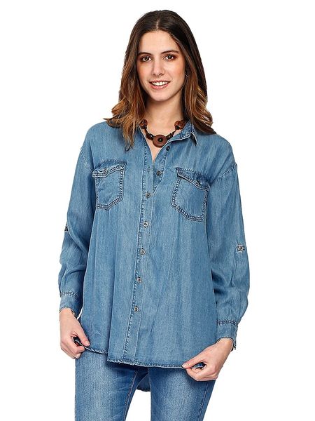 ASSUILI Koszula dżinsowa w kolorze niebieskim rozmiar: 36. Niebieskie koszule Assuili, bez wzorów, bez kołnierzyka, bez ramiączek. Za 74,11 zł.