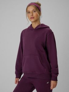 4F Bluza dresowa relaxed z kapturem damska - fioletowa XL. Fioletowe bluzy 4f, l, bez wzorów, z bawełny, z kapturem. Za 149,99 zł.