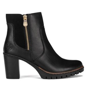 Botki Rieker. Czarne botki Rieker, bez wzorów, bez obcasa, na słupku, bez zapięcia. Za 343,00 zł.