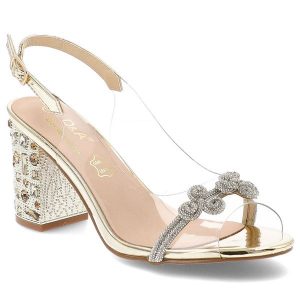 Sandały damskie S. Barski, na wysokim słupku transparentne z ozdobami i ze sprzączką, złote, MR51-705. Żółte sandały S.BARSKI, bez wzorów, bez obcasa, na obcasie, bez zapięcia. Za 169,99 zł.