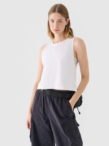 4F Crop top regular gładki damski - biały XS. Białe topy 4f, xs, bez wzorów, z bawełny, sportowe, bez kołnierzyka, bez ramiączek. W wyprzedaży za 29,99 zł.