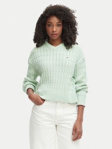 Tommy Hilfiger Sweter WW0WW48433 Zielony jasny Regular Fit. Zielone swetry klasyczne TOMMY HILFIGER, s, z bawełny, bez kołnierzyka. Za 551,99 zł.