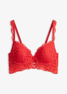 Biustonosz push-up z miękkiej koronki. Czerwone biustonosze bonprix, bez wzorów, z koronki. Za 84,99 zł.