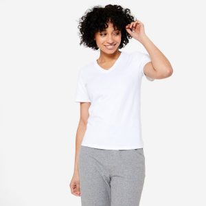Koszulka z krótkim rękawem damska Domyos Gym & Pilates. Białe bluzki NYAMBA, xl, bez wzorów, z bawełny, sportowe, bez kołnierzyka, bez ramiączek. Za 39,99 zł.