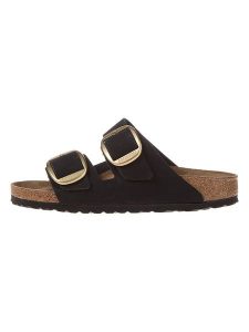 Birkenstock Skórzane klapki "Arizona Big Buckle" w kolorze czarnym rozmiar: 38. Czarne klapki Birkenstock, bez wzorów, z otwartym noskiem, bez obcasa. Za 483,17 zł.