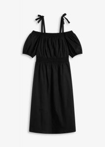 Sukienka off-shoulder z czystej bawełny organicznej. Czarne sukienki bonprix, bez wzorów, z bawełny, bez kołnierzyka, bez ramiączek. Za 47,99 zł.
