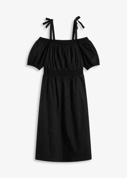 Sukienka off-shoulder z czystej bawełny organicznej. Czarne sukienki bonprix, bez wzorów, z bawełny, bez kołnierzyka, bez ramiączek. Za 47,99 zł.
