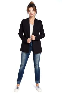 Czarny Szykowny Dłuższy Żakiet bez Zapięcia. Czarne marynarki i żakiety MOE, l, bez wzorów, z bawełny, eleganckie. Za 313,90 zł.
