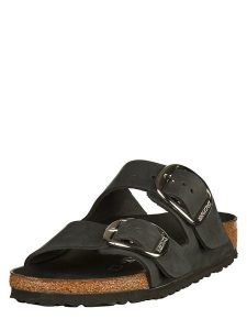 Birkenstock Skórzane klapki "Arizona" w kolorze czarnym rozmiar: 39. Czarne klapki Birkenstock, bez wzorów, z otwartym noskiem, bez obcasa. Za 459,04 zł.