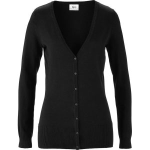 Sweter rozpinany basic z gładkiej dzianiny z plisą guzikową. Czarne kardigany bonprix, z bawełny, bez kołnierzyka. Za 99,99 zł.