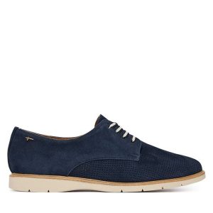 Półbuty Tamaris. Niebieskie półbuty Tamaris, bez wzorów, bez obcasa, na płaskiej podeszwie, bez zapięcia. Za 399,99 zł.