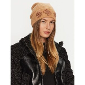 Czapka Guess. Brązowe czapki Guess, z aplikacjami. Za 139,99 zł.