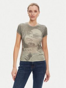 Guess T-Shirt W5YI36 KBYH0 Zielony Regular Fit. Zielone t-shirty Guess, s, z aplikacjami, z bawełny, bez kołnierzyka, bez ramiączek. Za 129,99 zł.