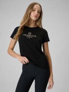 4F T-shirt regular z nadrukiem damski - czarny XL. Czarne t-shirty 4f, xl, bez wzorów, z dzianiny, bez kołnierzyka, bez ramiączek. Za 59,99 zł.