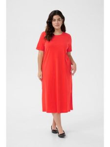 KAFFE curve Sukienka w kolorze czerwonym rozmiar: XL. Czerwone sukienki KAFFE curve, xl, bez wzorów, z bawełny, bez kołnierzyka, bez ramiączek, midi. Za 78,99 zł.