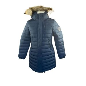 Parka damska z kapturem Superdry Fuji. Niebieskie kurtki Superdry, bez wzorów, z puchu, z kapturem. Za 572,20 zł.