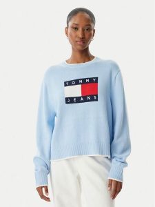 Tommy Jeans Sweter Intarsia Flag Badge DW0DW22316 Niebieski jasny Relaxed Fit. Niebieskie swetry klasyczne Tommy Jeans, xs, z bawełny, bez kołnierzyka. Za 409,99 zł.