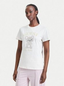 Guess T-Shirt V6BI28 K9360 Kremowy Regular Fit. Białe t-shirty Guess, l, z aplikacjami, z bawełny, bez kołnierzyka, bez ramiączek. Za 234,99 zł.