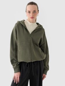 4F Bluza dresowa rozpinana z kapturem damska - oliwkowa/khaki S. Brązowe bluzy 4f, s, bez wzorów, z bawełny, z kapturem. W wyprzedaży za 79,99 zł.